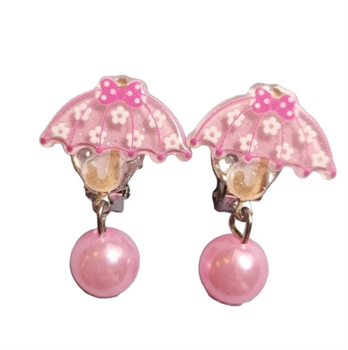 Clips Øreringe - lille paraply lyserød med blomster og lille perle